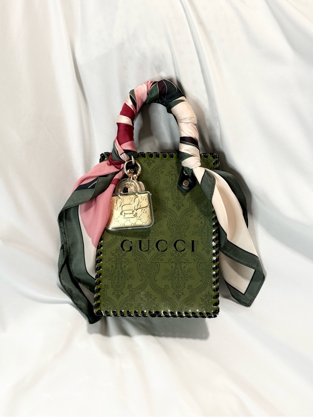 Upcycled Gucci Olive Green Tote with Pink-Green Scarf Handle and Gold Charm - Picture 6 of 7